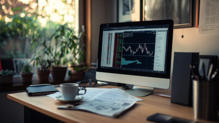 Image of a financial analyst desk with a computer displaying stock market graphs, a financial newspaper, and a cup of coffee, set in a modern office.の素材