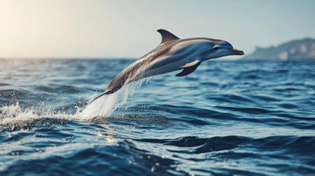Dynamic shot of a playful dolphin leaping out of the water, creating splashes and displaying its agility in a bright, sunny ocean setting.の素材