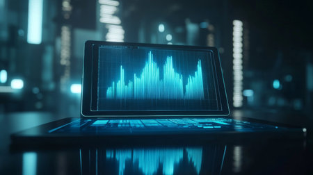 Digital tablet with a futuristic holographic graph floating above, depicting a growing trend in technology stocks. The background is a sleek, dark office.の素材