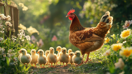 Mother hen leading her brood of fluffy chicks through a garden, with a backdrop of flowers and greenery, showcasing a lively and pastoral scene.の素材