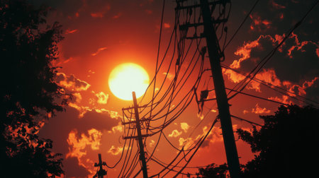 Silhouette of electric poles with tangled wires against a dramatic evening sky, with the sun setting behind the horizon, casting an orange glow.の素材