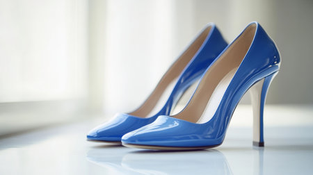 Pair of elegant blue high heels with a peep-toe design, set on a white background, showcasing their stylish and unique features in a clean and modern setting.の素材