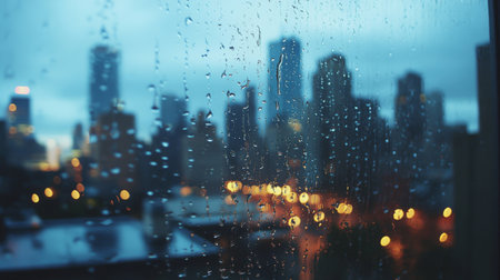 Rain droplets on a windowpane, with the city skyline blurred in the background, capturing a quiet, reflective moment during a rainy day.の素材