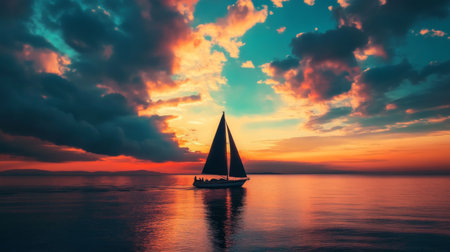 Silhouette of a lone sailboat against a stunning sunset sky over the sea, with warm colors and dramatic cloud formations in the background.の素材
