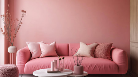 Modern interior with pastel pink walls, a cozy pink sofa, and stylish decor items, creating a warm and inviting atmosphere in a contemporary living space.の素材
