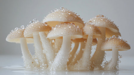 Mushroom caps with water droplets, arranged on a white surface to give a fresh, just-harvested look with subtle reflections and highlights.の素材