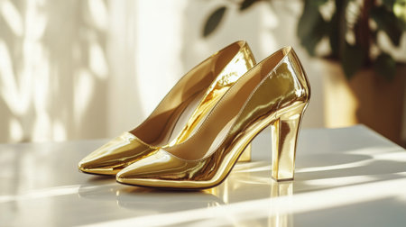 Pair of trendy metallic gold high heels with a block heel, placed on a white surface, reflecting light and adding a touch of glamour to the scene.の素材