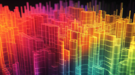A 3D heat map with gradient colors representing data intensity, displayed in a three-dimensional grid to show variations in data distribution.の素材