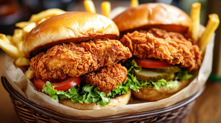 A basket of crispy fried chicken sandwiches, piled high with lettuce, tomato, and pickles, served on soft brioche buns with a side of fries.の素材