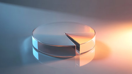 3D pie chart with translucent glass segments, glowing edges, and soft shadows on a reflective surfaceの素材
