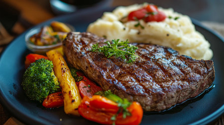 A beautifully arranged steak dinner on a stylish plate, with juicy grilled steak, roasted vegetables, and mashed potatoes, a feast for the eyes and palate.の素材