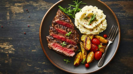 A beautifully arranged steak dinner on a stylish plate, with juicy grilled steak, roasted vegetables, and mashed potatoes, a feast for the eyes and palate.の素材