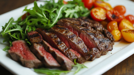 A beautifully composed steak dinner on a elegant platter, with slices of tender beef steak, roasted cherry tomatoes, and fresh arugula salad.の素材