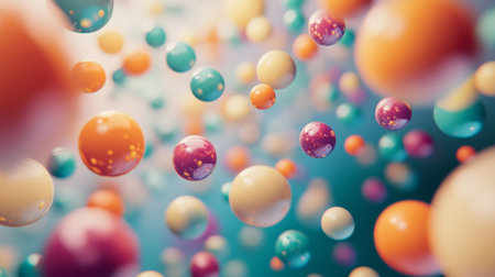 A 3D bubble chart with floating spheres of different sizes and colors, representing data with depth and volume, set against a minimalist backdropの素材