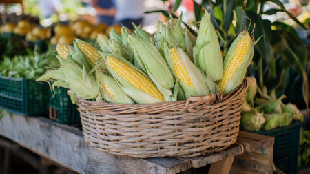 A basket filled with ears of corn, some still in their husks, placed on a wooden table at a farmer's market, capturing the essence of fresh produce.の素材