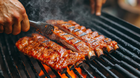 A barbecue enthusiast seasoning pork ribs with a dry rub before placing them on a smoking hot grill, ready to be slow-cooked to perfection.の素材