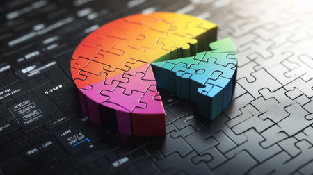 3D pie chart made of puzzle pieces, with each piece slightly lifted, symbolizing data integrationの素材