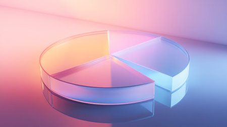 3D pie chart with translucent glass segments, glowing edges, and soft shadows on a reflective surfaceの素材