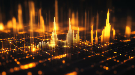 A 3D gold price graph on a dark background, with bars and lines in gold, showing a steady increase in value, ideal for investment themes.の素材