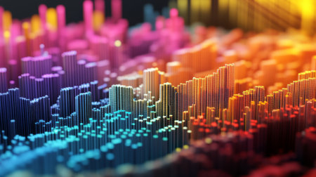 A 3D heat map with gradient colors representing data intensity, displayed in a three-dimensional grid to show variations in data distribution.の素材