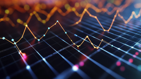 A 3D line graph with multiple intersecting lines and markers, set on a grid with depth and perspective, illustrating complex data trendsの素材