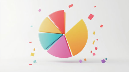 3D pie chart with vibrant segments floating in mid-air, set against a white minimalist backgroundの素材