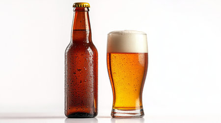 A bottle of beer with condensation on the surface, placed next to a full pint glass, highlighting the drink's chill and texture on a white background.の素材