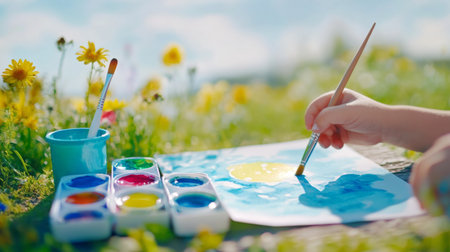 A child using watercolors to paint a picture of a sunny day, with the paint set and water cup placed nearby on the table.の素材