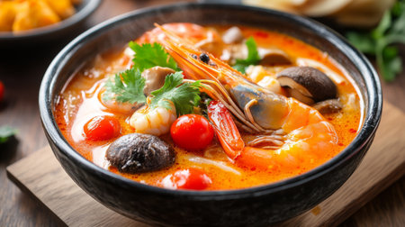 A bowl of tom yum soup served in a traditional Thai restaurant, with colorful ingredients like shrimp, mushrooms, and cherry tomatoes visible in the broth.の素材