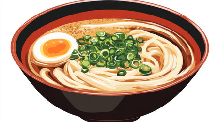 A bowl of fragrant and flavorful udon noodles in a rich and savory broth, garnished with green onions, tempura flakes, and a soft-boiled egg.の素材