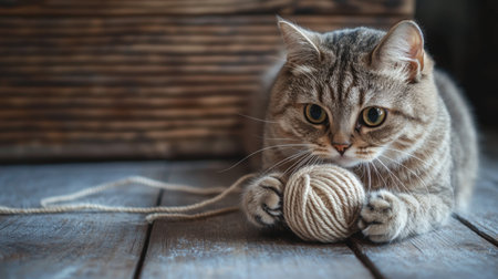 A chubby cat playing with a ball of yarn on a wooden floor, showcasing its playful side in a simple, rustic setting.の素材