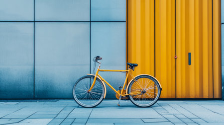 A cheerful yellow bicycle parked in front of a modern building, with its bright color creating a lively contrast against the neutral surroundings.の素材