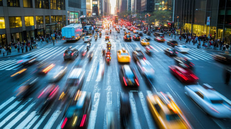 A busy city intersection with cars, motorcycles, and pedestrians moving in different directions, captured during rush hour with the city skyline in the background.の素材