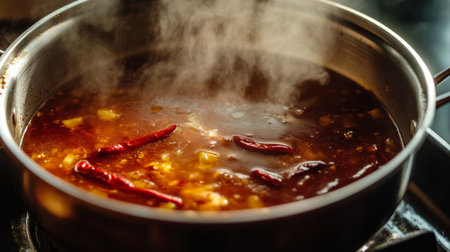 A bowl of fiery tom yum soup simmering on a stovetop, with chili peppers floating on the surface and a cloud of steam rising.の素材
