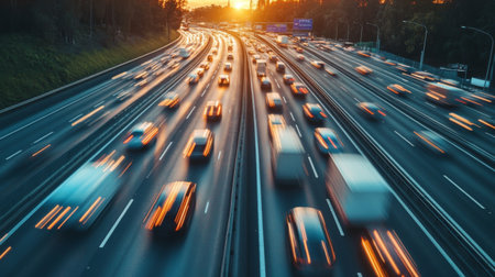 A bustling expressway with multiple lanes of cars and trucks moving at high speeds, captured from a high vantage point showing the flow of traffic.の素材