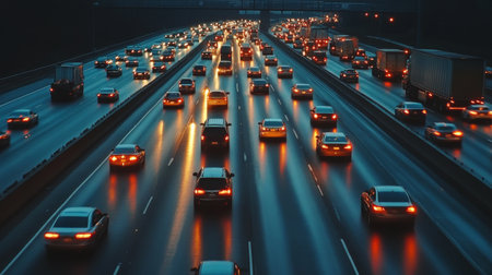 A bustling expressway with multiple lanes of cars and trucks moving at high speeds, captured from a high vantage point showing the flow of traffic.の素材