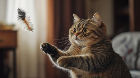 A chubby cat playfully batting at a feather toy, its eyes wide with excitement and energy, in a cozy living room.の素材
