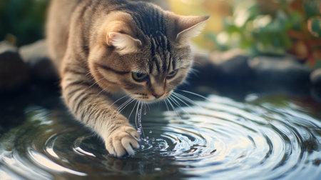 A chubby cat cautiously dipping its paw into a shallow pool of water, creating gentle ripples, and capturing a moment of curiosity.の素材