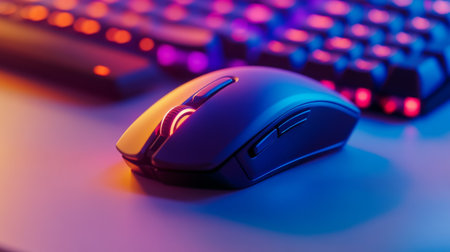 A close-up of a sleek, modern computer mouse and keyboard with backlit keys, set against a white desk background, emphasizing cutting-edge design.の素材