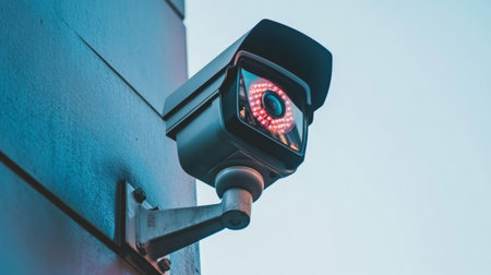 A close-up of a modern CCTV camera mounted on a building, with a focus on its sleek design and lens, against a clear sky backdrop.の素材