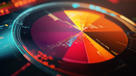 A close-up of a pie chart with a transparent overlay, highlighting specific data segments with interactive elements or annotations.の素材