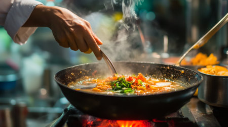 A chef preparing a traditional Thai tom yum soup over a smoky grill, infusing the broth with rich flavors and aromas.の素材