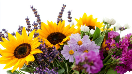 A close-up of a bunch of colorful wildflowers, including sunflowers and lavender, displayed against a pure white background.の素材