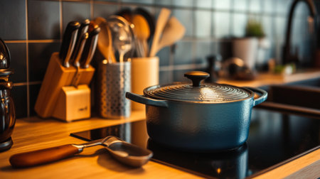 A close-up of a ceramic cooking pot, a cast iron skillet, and stainless steel utensils neatly arranged on a kitchen counter, ready for home cooking adventures.の素材