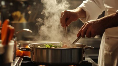 A chef's hands carefully lifting a pot from the stove, with steam rising and cooking ingredients visible, capturing the action of meal preparation.の素材