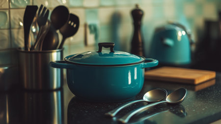 A close-up of a ceramic cooking pot, a cast iron skillet, and stainless steel utensils neatly arranged on a kitchen counter, ready for home cooking adventures.の素材