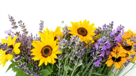 A close-up of a bunch of colorful wildflowers, including sunflowers and lavender, displayed against a pure white background.の素材
