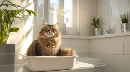 A chubby cat sitting comfortably in a litter box, with its tail wrapped around its body, in a bright and airy bathroom.の素材