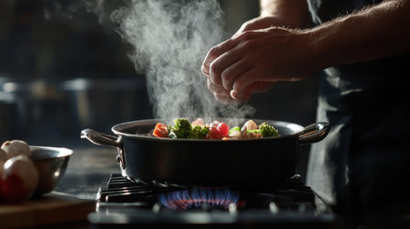 A chef's hands carefully lifting a pot from the stove, with steam rising and cooking ingredients visible, capturing the action of meal preparation.の素材