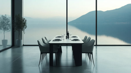 A chic minimalist dining room with a sleek table, minimalist chairs, and a minimalist table setting, offering a stylish setting for hosting guests.の素材